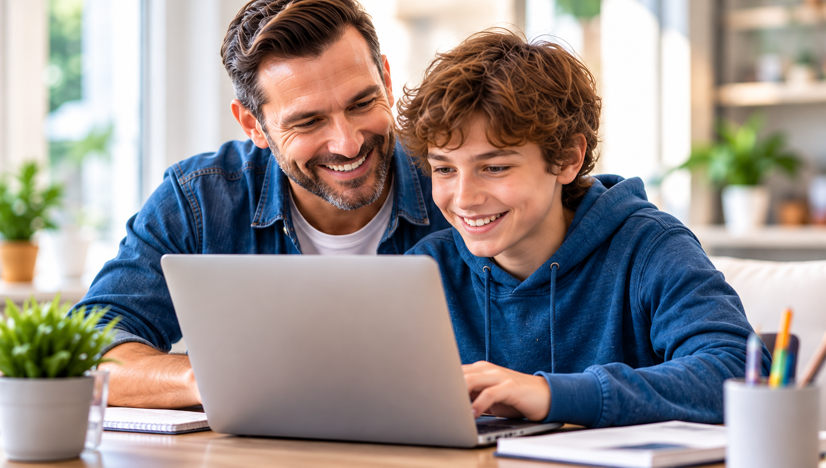 Father and son using a computer together