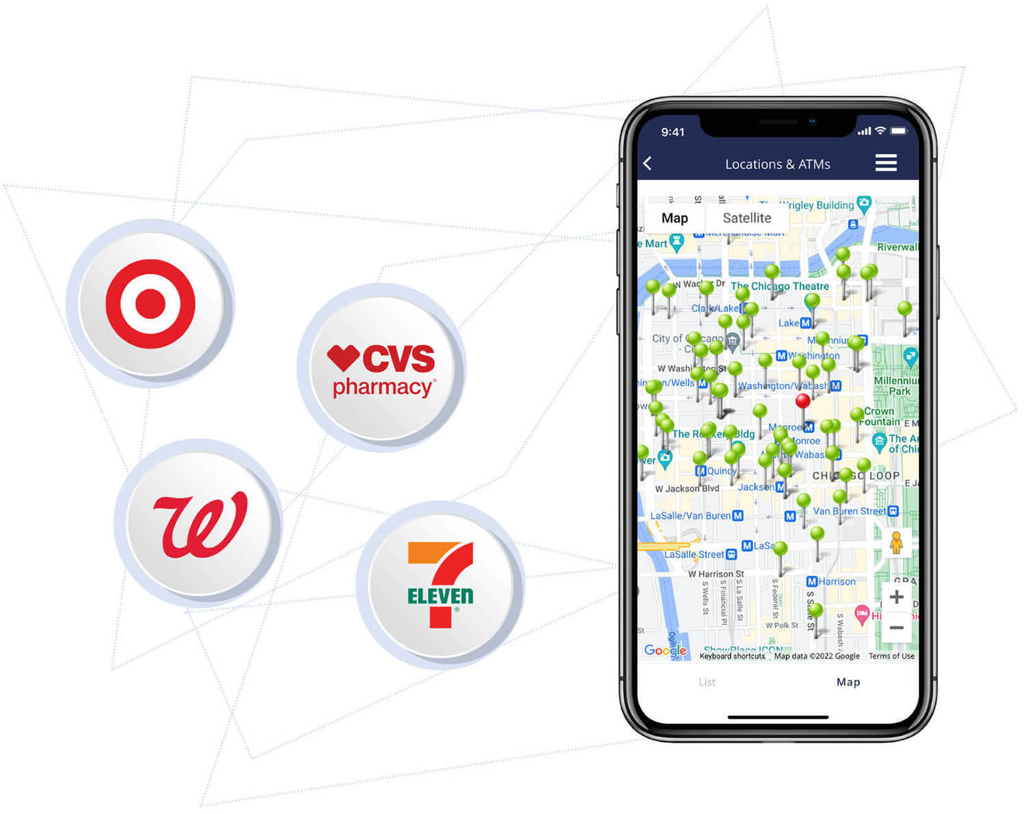 Picture of map on phone with Walmart, CVS, Target, and 7-Eleven connected Picture of map on phone with Walmart, CVS, Target, and 7-Eleven connected